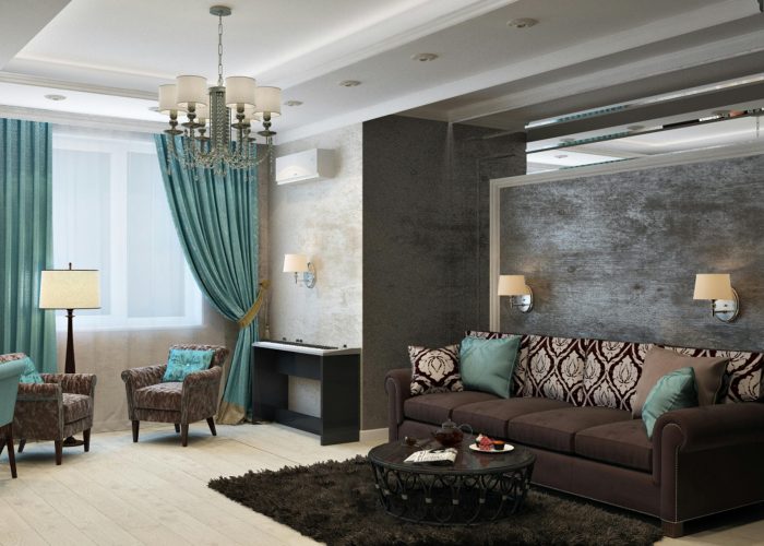 Luxurious modern living room with chandelier, sofa, armchairs, and stylish decor.